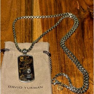 100% AUTHENTIC DAVID YURMAN NECKLACE /DOG TAG SS .925 and Pietersite/ 14K CHARM